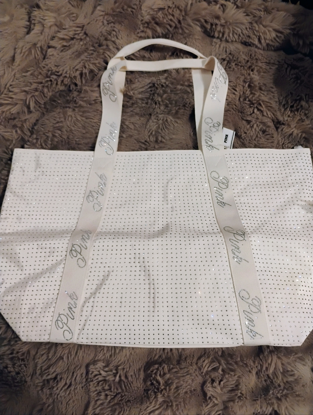 Victoria Secret Pink White Blinged Out Rhinestone Tote Bag